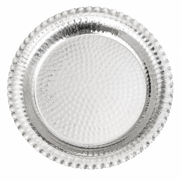 14-inch round serving plate in polished stainless steel with a decorative hammered texture and scalloped edge.