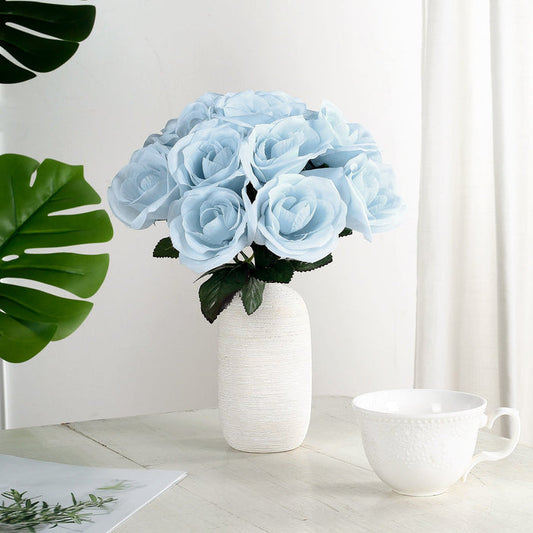 14 Ice Blue Velvet-Like Faux Rose Flower Bush, Artificial Flower Bouquet