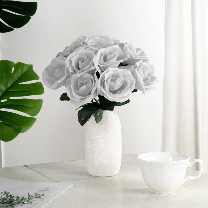 14 Silver Velvet-Like Faux Rose Flower Bush, Artificial Flower Bouquet