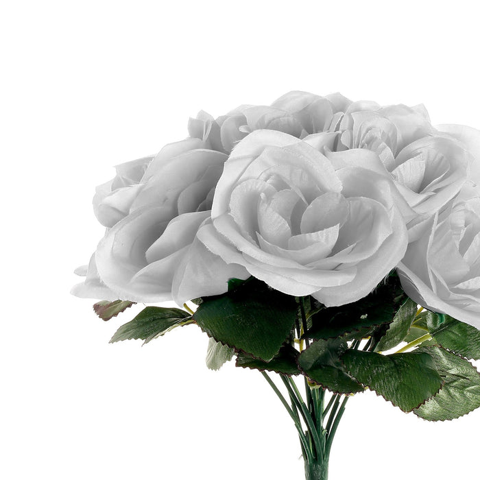 14 Silver Velvet-Like Faux Rose Flower Bush, Artificial Flower Bouquet