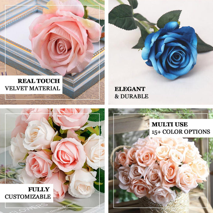 14 Silver Velvet-Like Faux Rose Flower Bush, Artificial Flower Bouquet