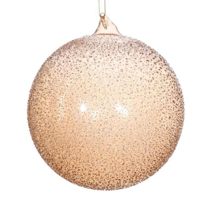 150mm hand-blown glass ball ornament in a shimmering champagne beaded finish for elegant holiday decor.