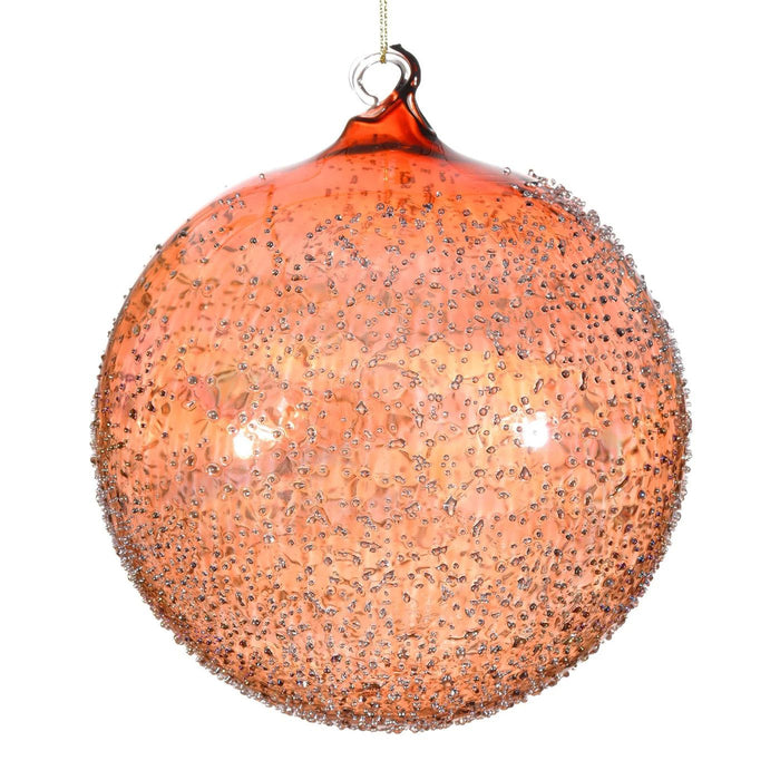 150mm hand-blown orange glass Christmas ornament featuring a textured, shimmering beaded surface.