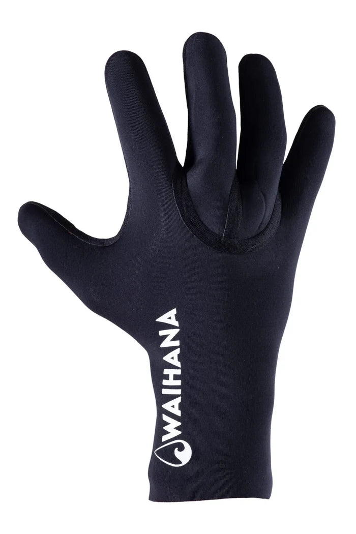 Black neoprene Waihana Essentials diving glove displayed palm-facing-up against a white studio background, showing the Waihana logo on the wrist.