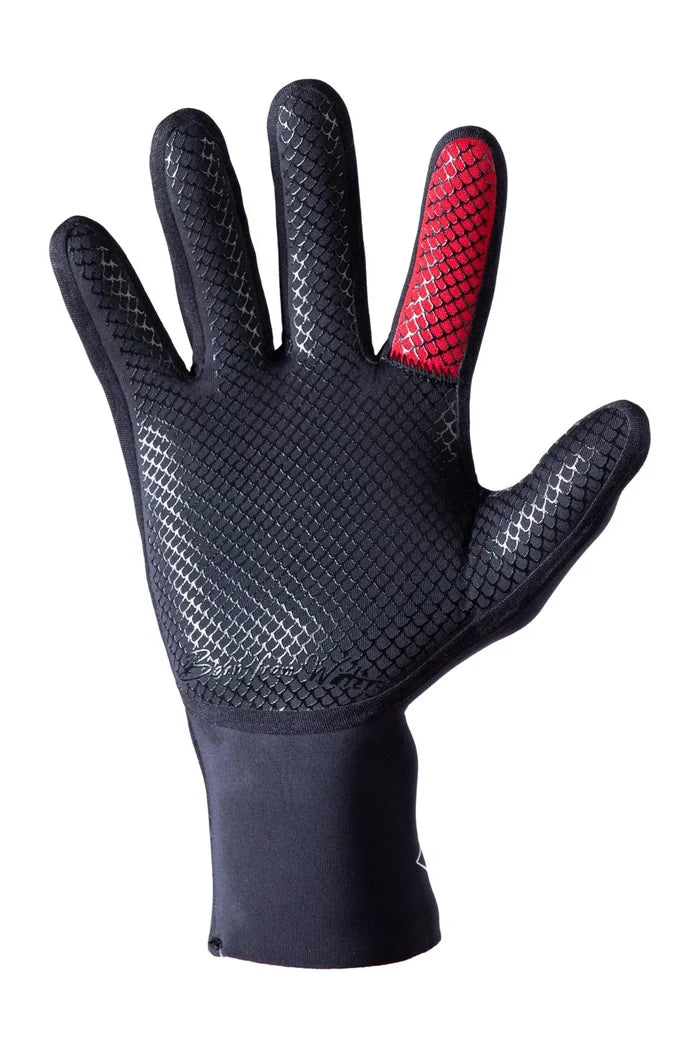 Black neoprene Waihana Essentials diving glove displayed palm-side up, showing a scale-textured grip surface across the fingers and palm with a red accent panel on the index finger.