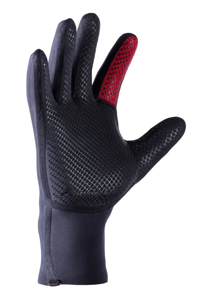 Waihana Essentials neoprene diving glove displayed palm-side up, showing a black scale-textured grip surface with a red accent on the thumb, against a white background.