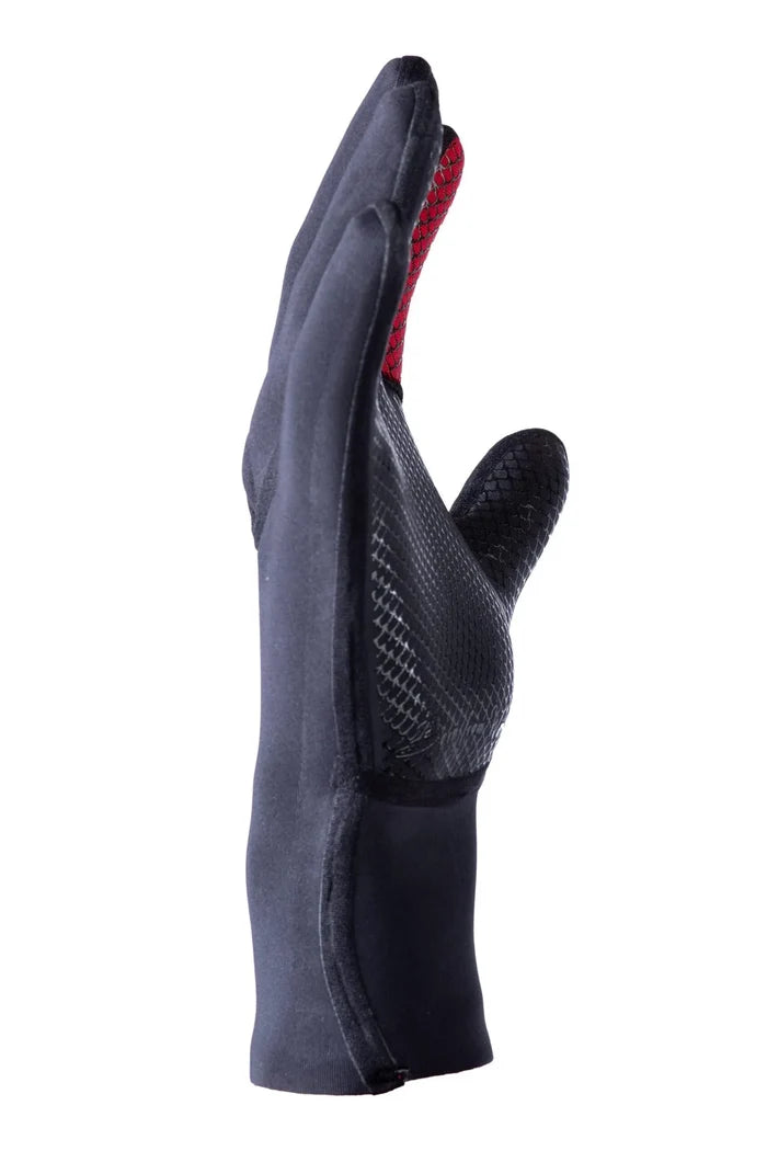 Side profile of a Waihana Essentials neoprene diving glove in dark grey with red and black textured grip panels on the palm and fingertips, displayed on a white background.