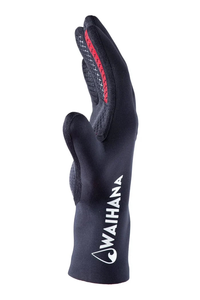 Black Waihana Essentials neoprene diving glove shown in side profile with red stitching along the finger seams and textured grip panels on the palm, displayed against a white background.