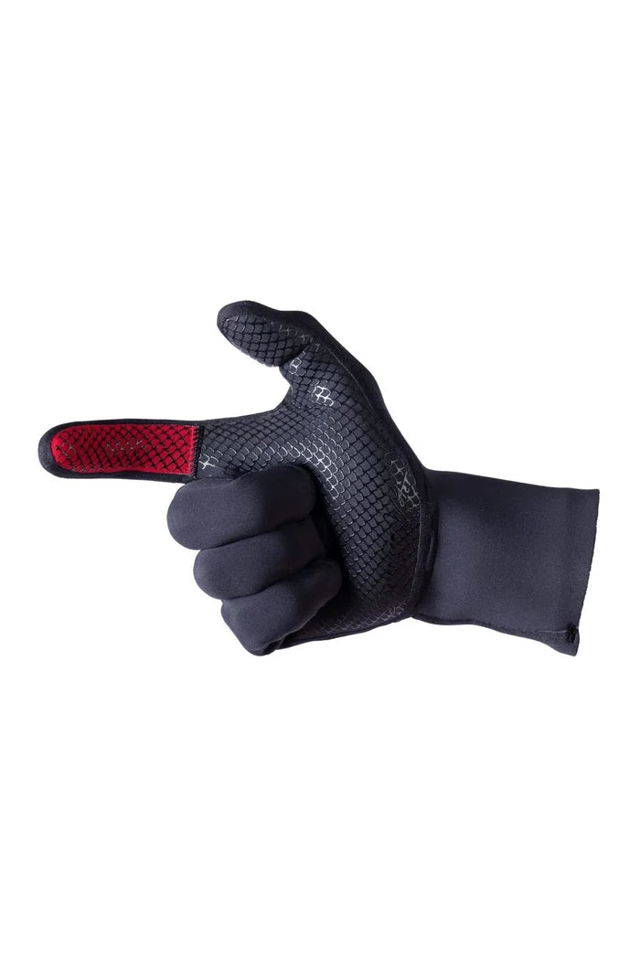 Waihana Essentials black neoprene diving glove shown on a hand pointing, featuring a textured grip pattern on the palm and fingers with a red accent on the thumb.