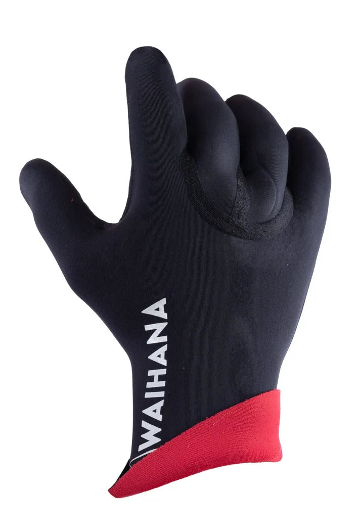 Black neoprene Waihana Essentials diving glove with a red cuff accent and white Waihana logo text, shown on a white background.