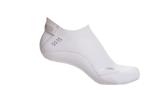 White Waihana SS15 neoprene dive sock with stitched sole and pull tab, displayed in profile against a black studio background.