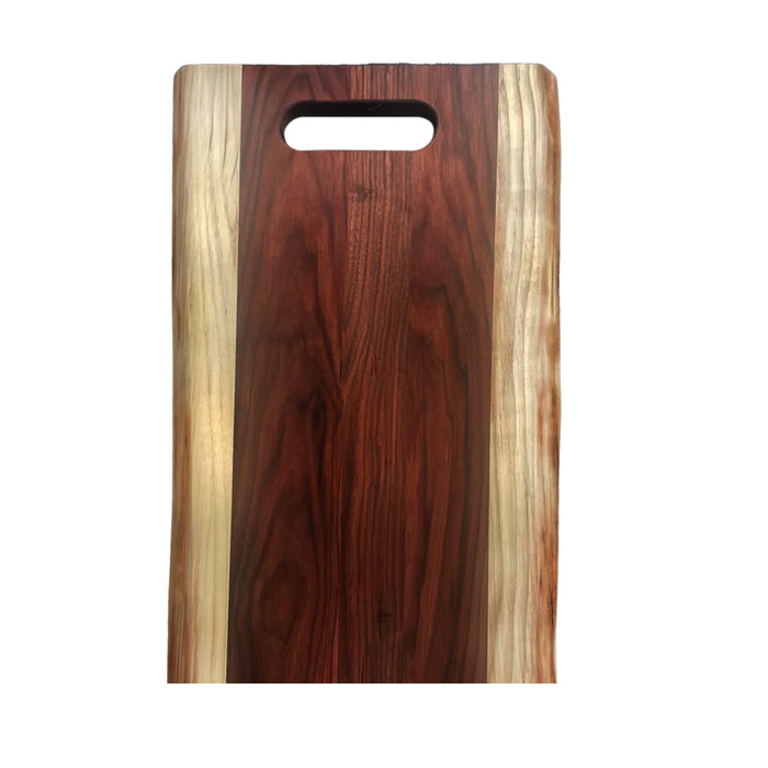 24-inch live edge walnut wood cutting board with a single handle and natural light-to-dark wood grain finish.