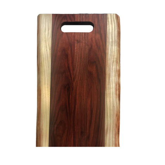 24-inch live edge walnut wood cutting board with a single handle and natural light-to-dark wood grain finish.