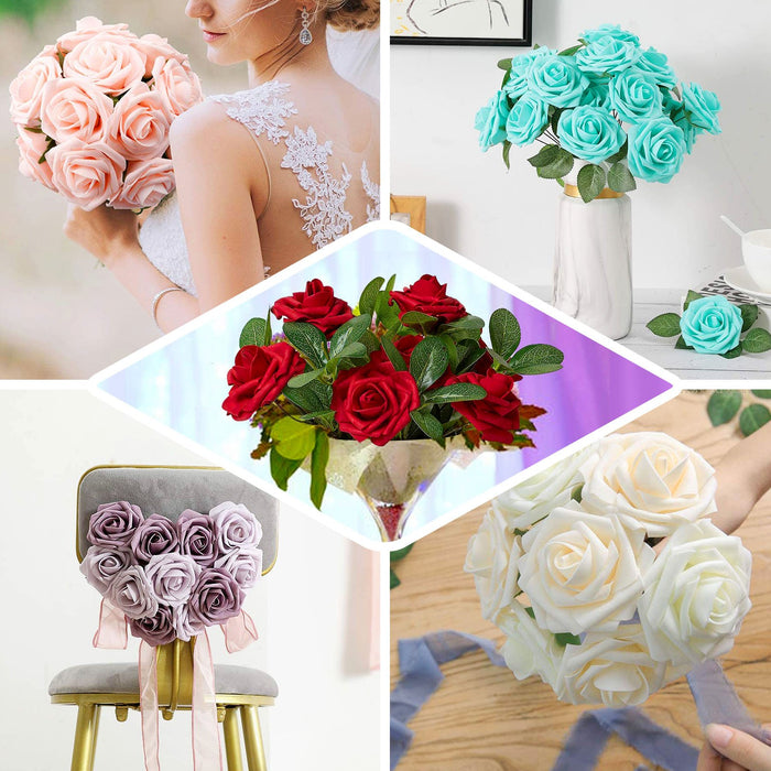 24 Roses | 2" Champagne Artificial Foam Rose With Stem And Leaves - 16 Colors
