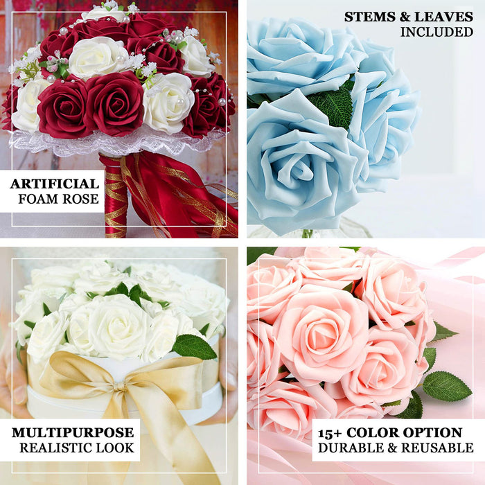 24 Roses | 2inch Purple Artificial Foam Rose With Stem And Leaves - 16 Colors