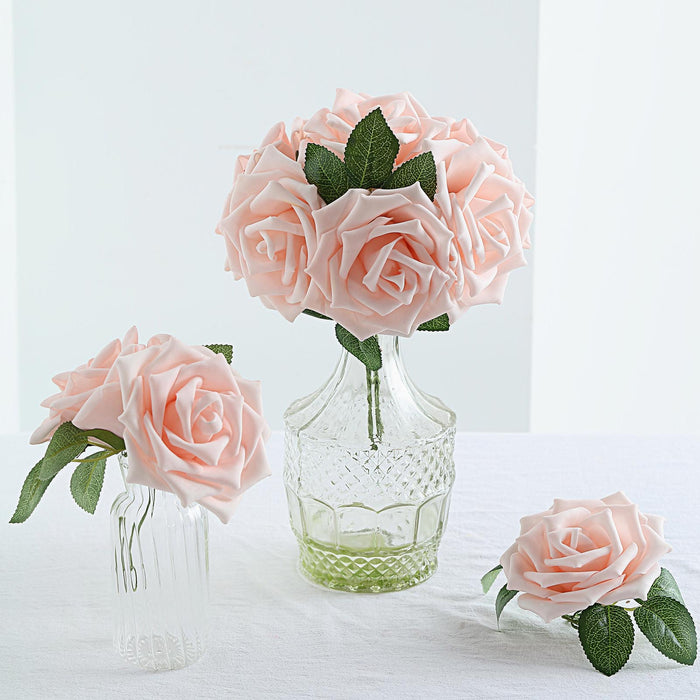 24 Roses 5inch Rose Gold/Blush Artificial Foam Rose With Stems And Leaves 16 Colors
