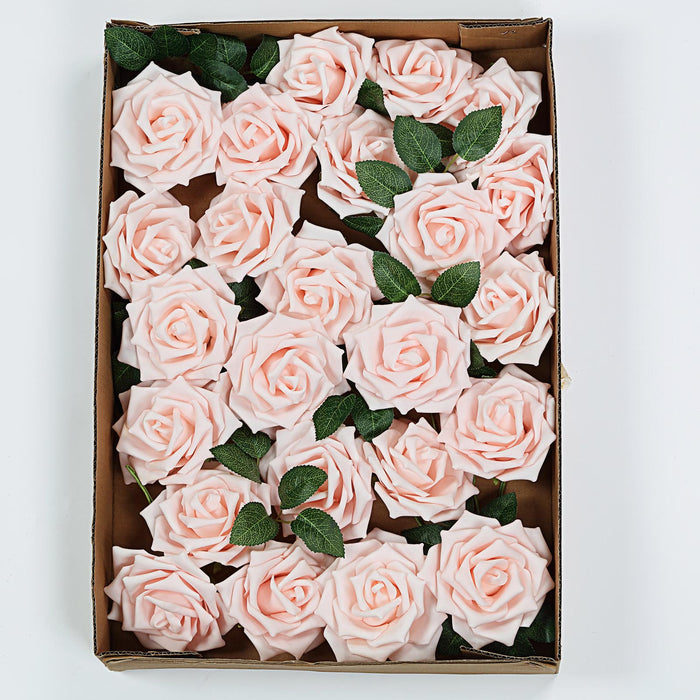 24 Roses 5inch Rose Gold/Blush Artificial Foam Rose With Stems And Leaves 16 Colors