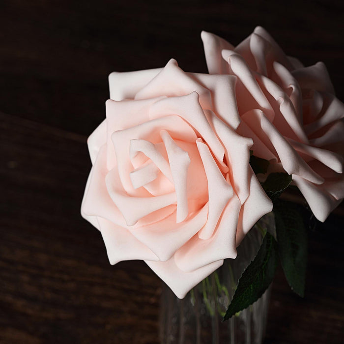 24 Roses 5inch Rose Gold/Blush Artificial Foam Rose With Stems And Leaves 16 Colors