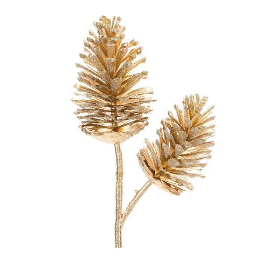 28-inch decorative spray featuring two shimmering gold pinecones with realistic detailing on a sturdy stem.