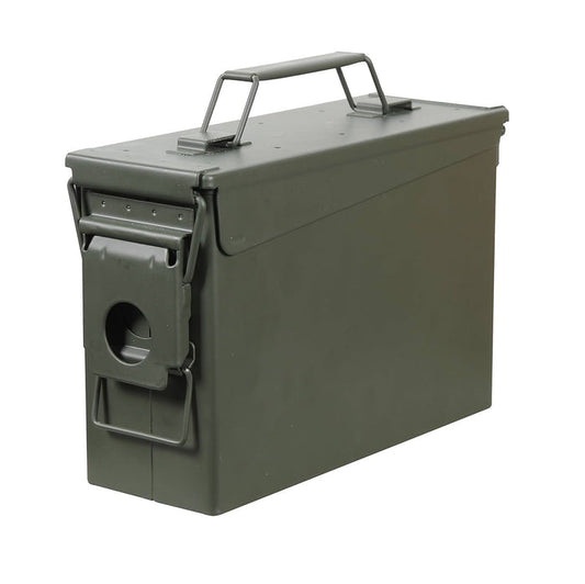 Olive drab .30 caliber metal ammo can with a secure locking latch and a sturdy top carry handle.