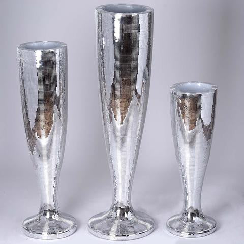 32" Silver Polystone Trumpet Floor Mirrored Mosaic Vases