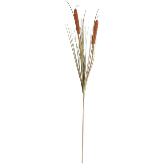 42-inch artificial double cattail stem with brown textured heads and realistic green grass blades on a wire stem.
