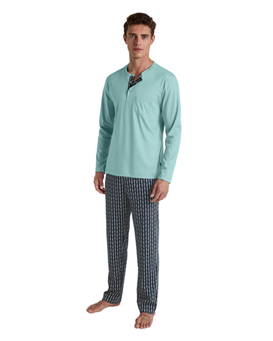 45480 #522 Blue Lily Relax Selected Men's 100% Swiss Cotton Pajamas Set