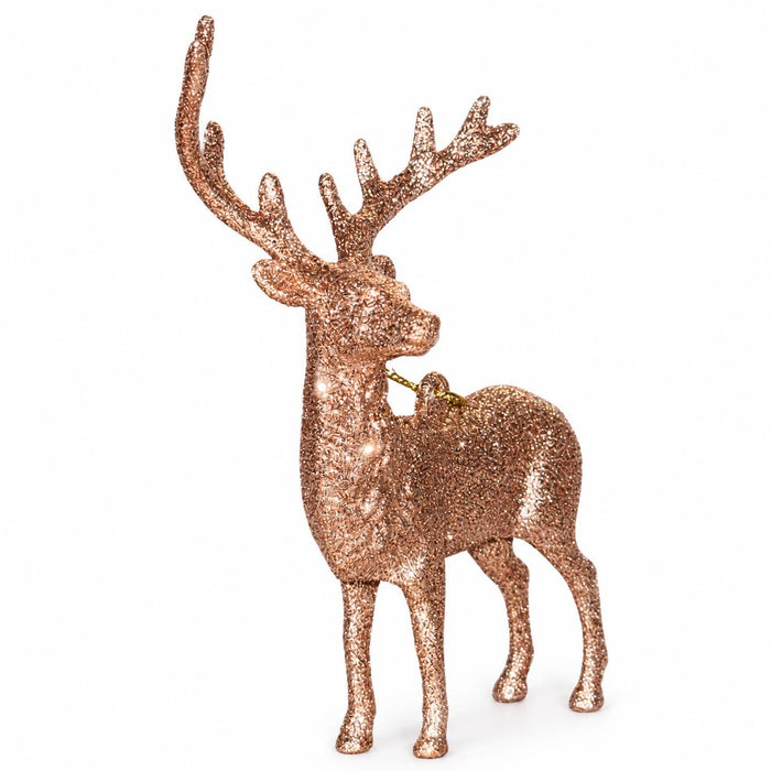 5.5-inch deer Christmas ornament featuring a shimmering copper glitter finish over natural stone powder.