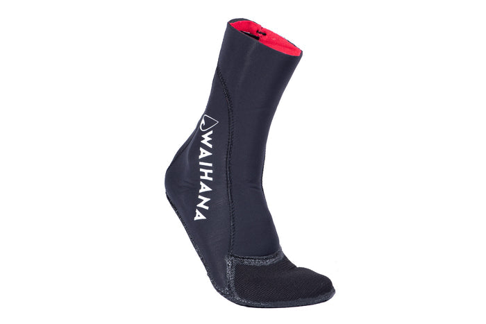 Waihana Essentials High Top neoprene dive sock in black with red interior lining and white Waihana logo, shown on a white background.