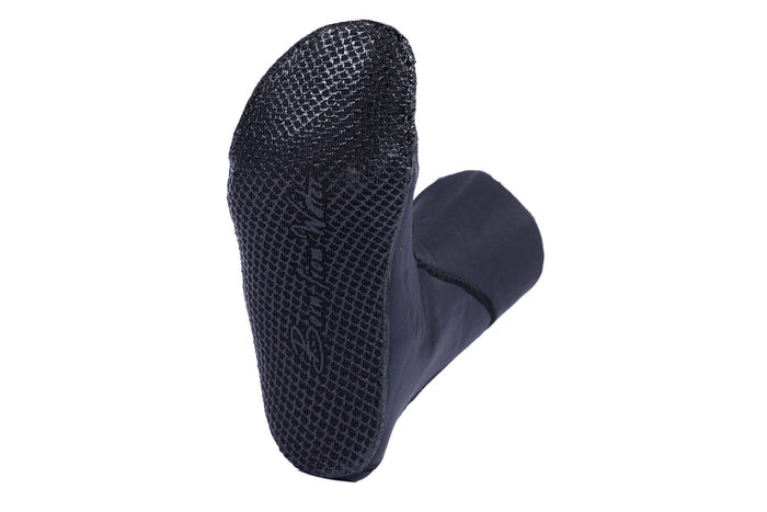 Waihana Essentials High Top neoprene dive sock shown sole-up, revealing a black textured grip pattern and embossed brand logo against a white background.