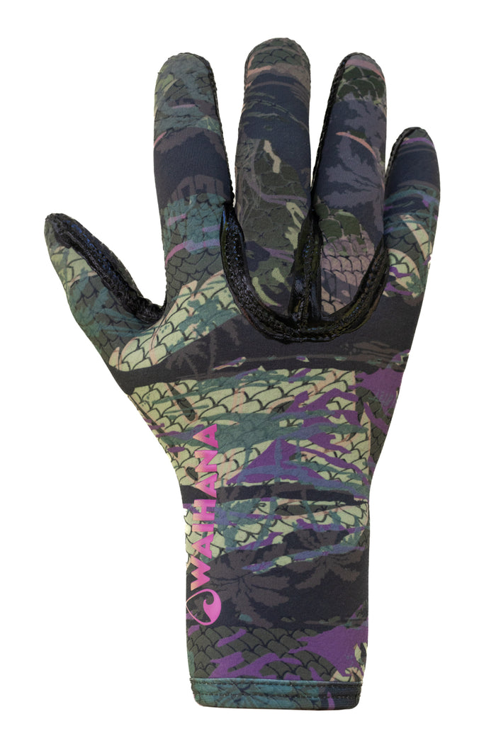 Waihana Tropicam neoprene diving glove shown palm-side forward, featuring a green, purple, and pink camouflage fish-scale pattern with the Waihana logo printed in pink on the wrist, on a white background.