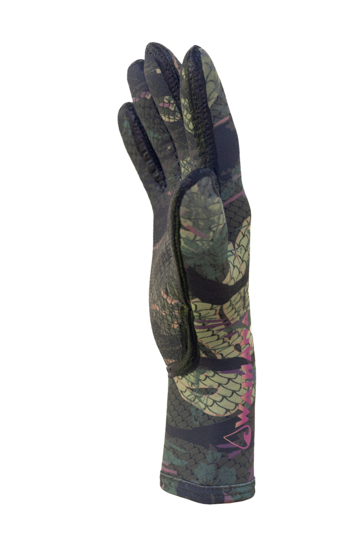 Waihana Tropicam neoprene diving glove in green camouflage fish-scale print, displayed upright on a white background showing the palm and side profile.