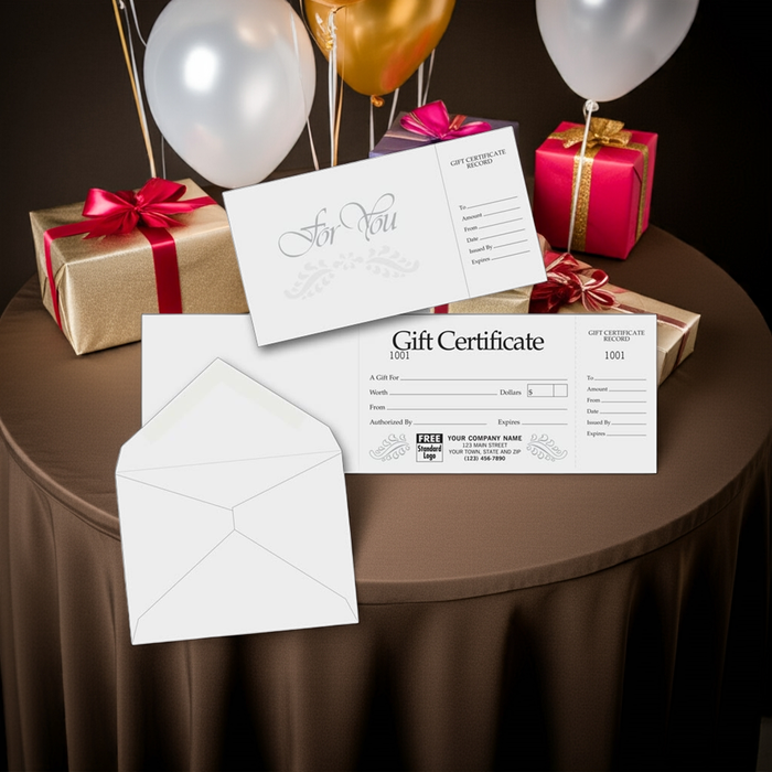 808 Gift Certificates Gray Foil Embossed 4 x 13" with2"perforated stub