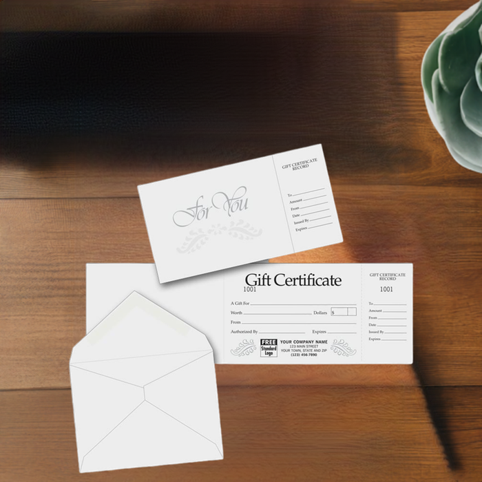 808 Gift Certificates Gray Foil Embossed 4 x 13" with2"perforated stub