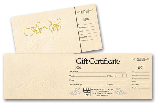 838 Gift Certificates Ivory Foil Embossed Gift Certificate 4 x 13"