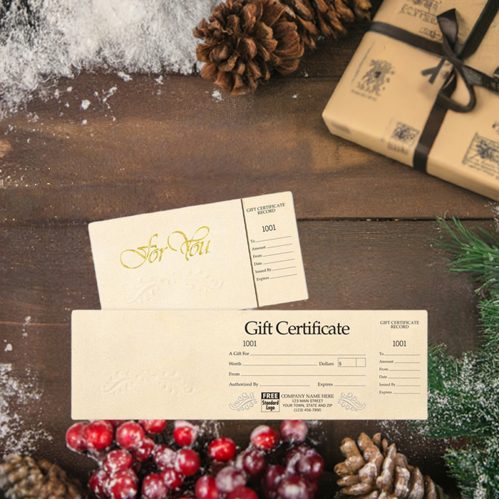838 Gift Certificates Ivory Foil Embossed Gift Certificate 4 x 13"