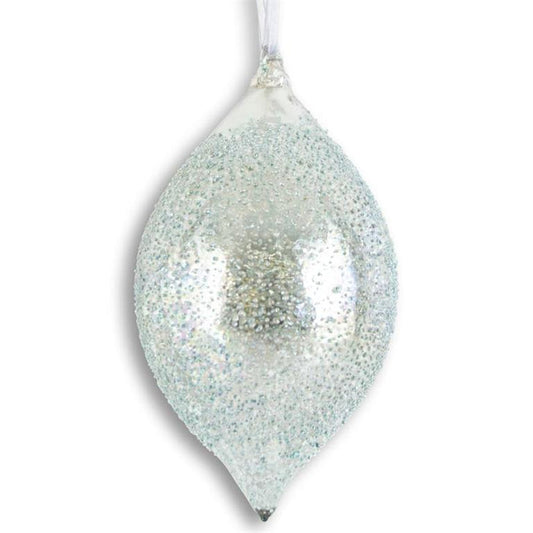8.5-inch teardrop Christmas ornament in shimmering textured mercury glass with a refined, sparkling finish.