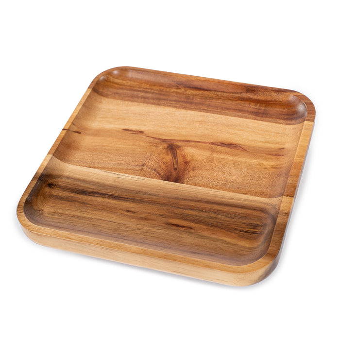8-inch square acacia wood plate featuring a natural, unique grain pattern and a smooth, handcrafted finish.