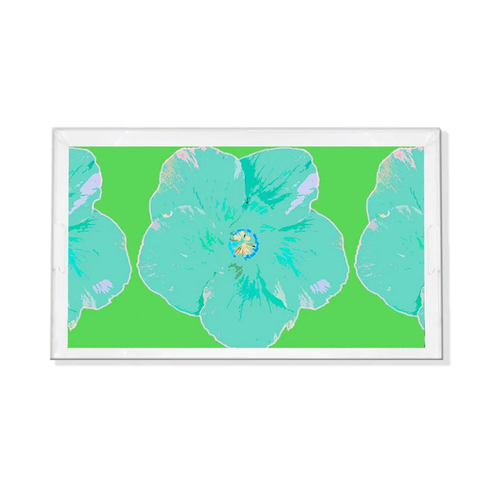 Clear acrylic vanity tray featuring a vibrant green background with stylized teal floral patterns and polished beveled edges.