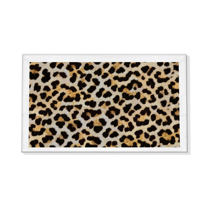 Rectangular clear acrylic vanity tray featuring a bold leopard print pattern with polished beveled edges.