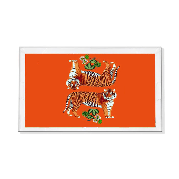 Clear acrylic vanity tray featuring a vibrant orange background with two tiger illustrations and floral accents.