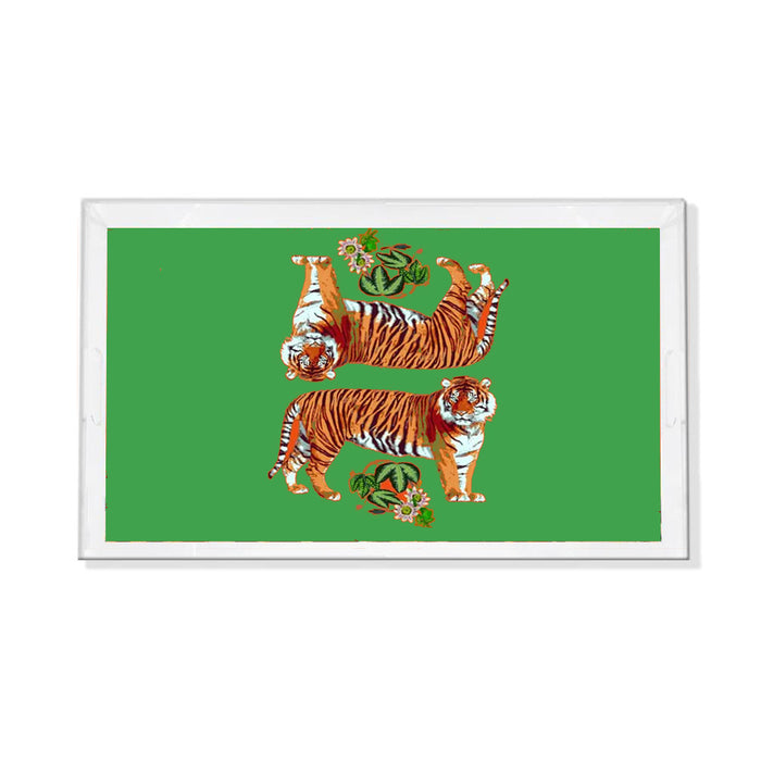 Clear acrylic vanity tray featuring two tigers and floral accents on a vibrant green background with polished edges.