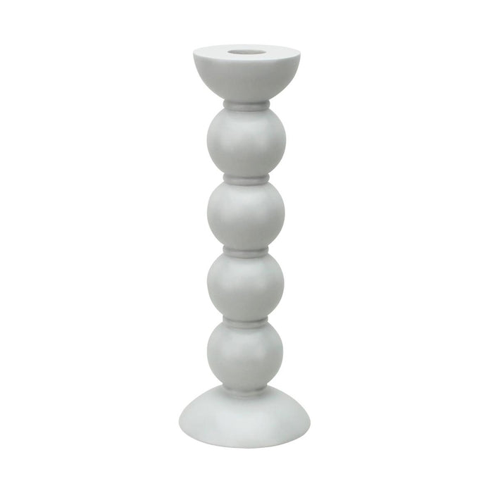 Chambray blue lacquered bobbin-shaped wooden candlestick with a smooth, high-gloss finish.