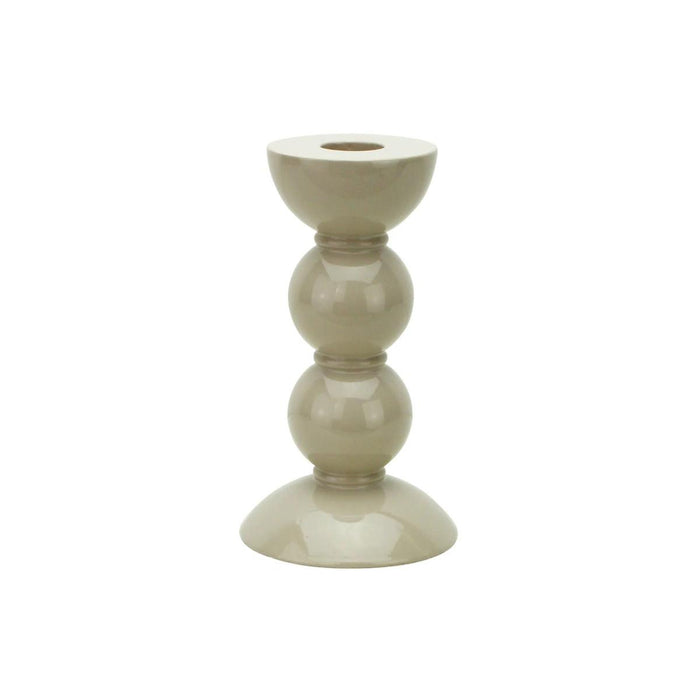 Chambray blue lacquered bobbin-shaped wooden candlestick with a high-gloss finish for standard dinner candles.