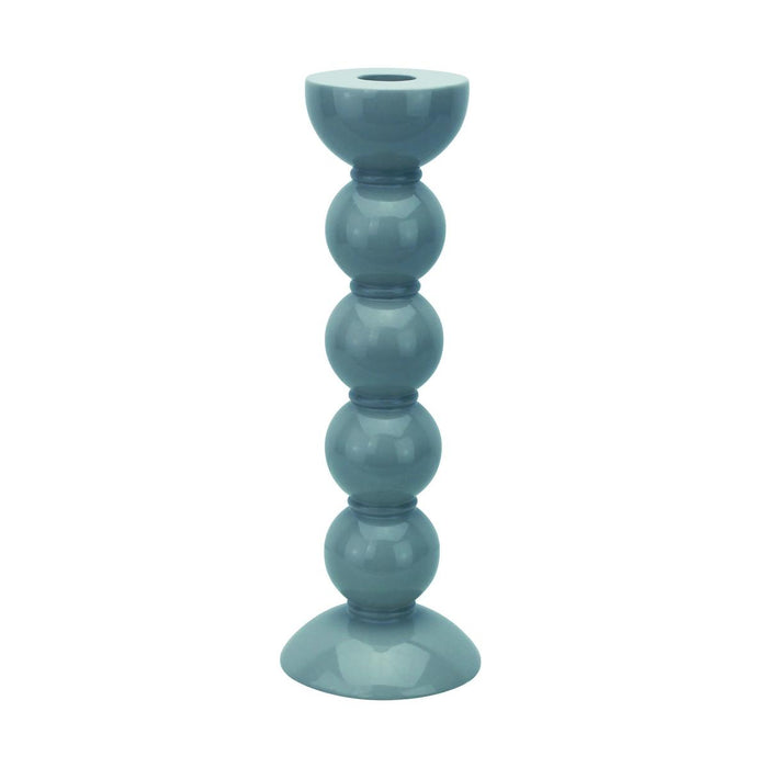 Tall chambray blue lacquered bobbin candlestick made from solid rubberwood with a high-gloss finish.