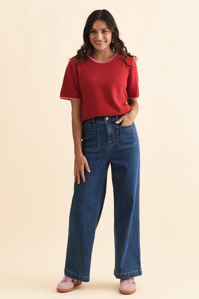 Alyssa Blue Wide Leg Stretch Jeans,Brunette model,alt text|model:Brontie