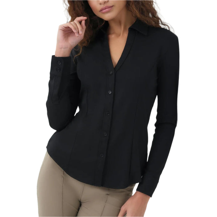 Black Anatomie long-sleeve button-front shirt in stretch pique fabric with a pointed collar and V-neckline.