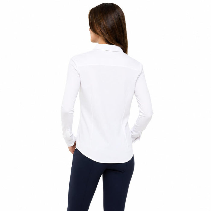Back view of a white long-sleeve Anatomie pique shirt with a pointed collar and rounded hem, worn with dark pants.
