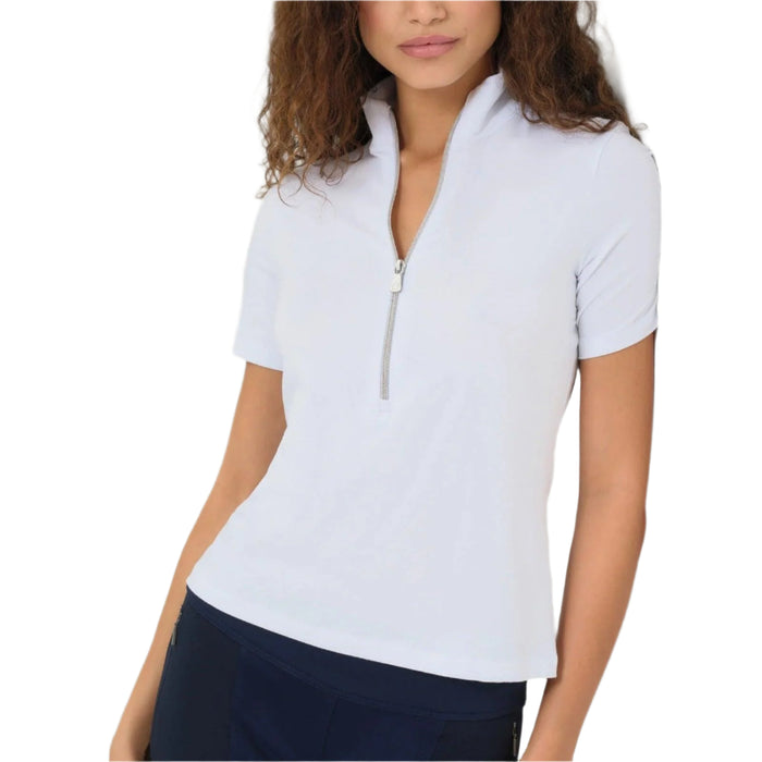 White Anatomie Serena Pima cotton short-sleeve top featuring a high-collared half-zip neckline and slim fit.