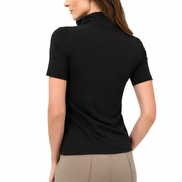 Back view of a black Pima cotton short-sleeve top with a high collar and slim, tailored fit for travel.